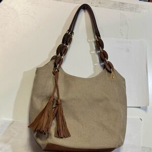 Tan and Brown Leather Trim Shoulder Bag with Tassels modern by LA DIVA